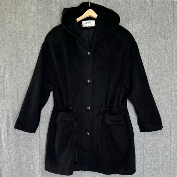 Vintage Billi by Billicoat Made in USA Black 100% Wool Hooded Button Up Coat - Picture 1 of 14
